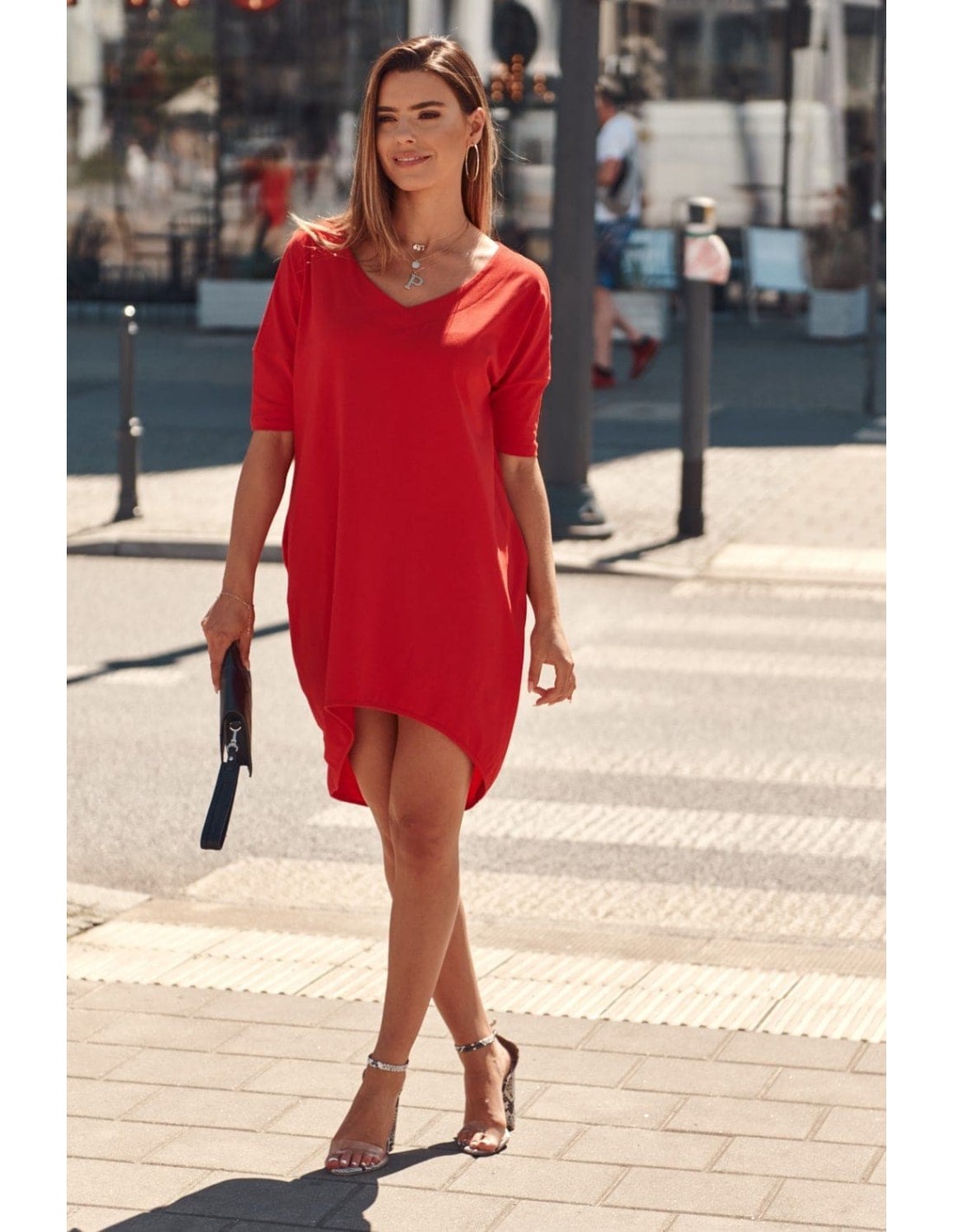 Rochie oversize cu decolteu in V, rosu 3753 - Magazin online - Boutique